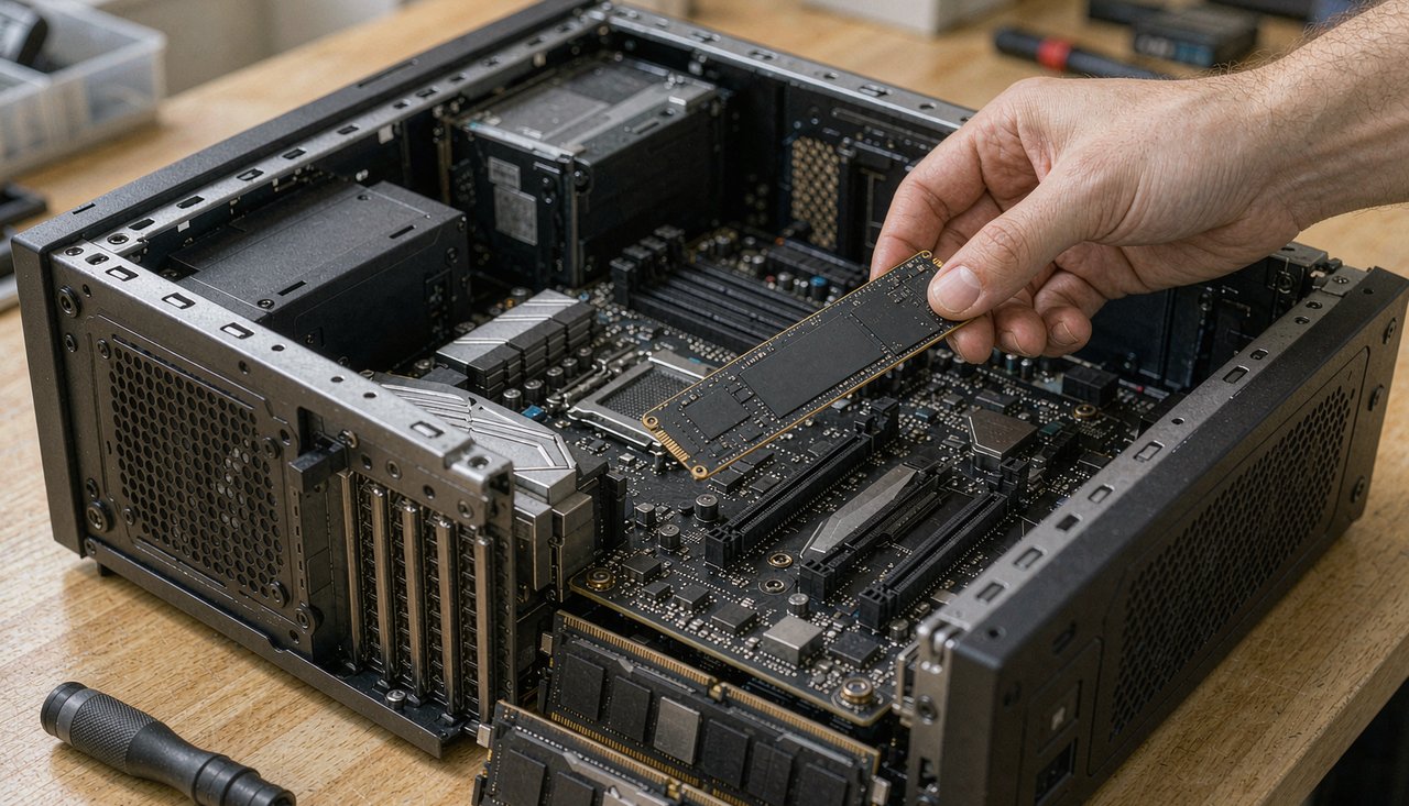 An open PC case with an M.2 solid state drive being installed next to a screwdriver on a desk