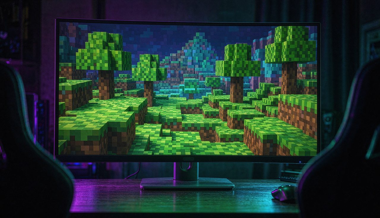 A blocky voxel game landscape with cubic trees and pixelated terrain displayed on a desktop monitor in a dim room