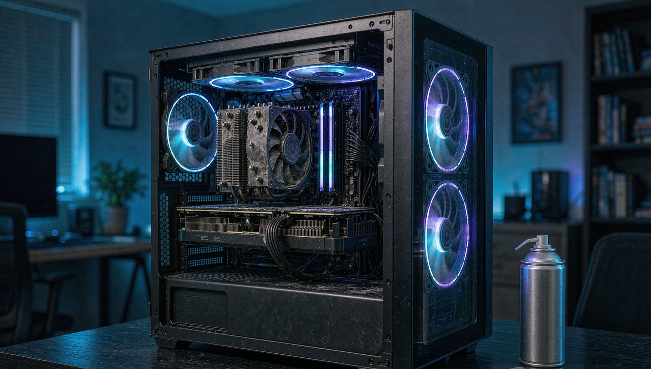 An open gaming PC case with dusty fans beside a can of compressed air and a cleaning brush