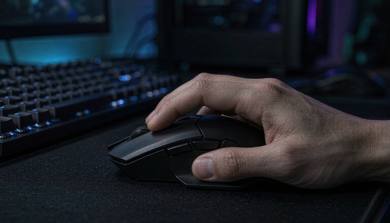 A close-up of a gaming mouse on a dark desk mat next to a mechanical keyboard, lit by soft monitor light