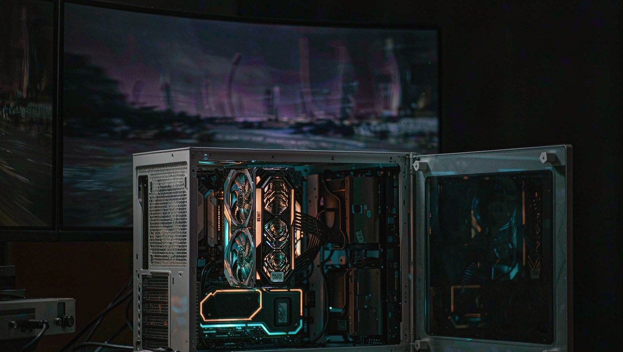 A gaming PC setup at night with a glowing graphics card visible through the case side panel and a monitor showing a dark game scene